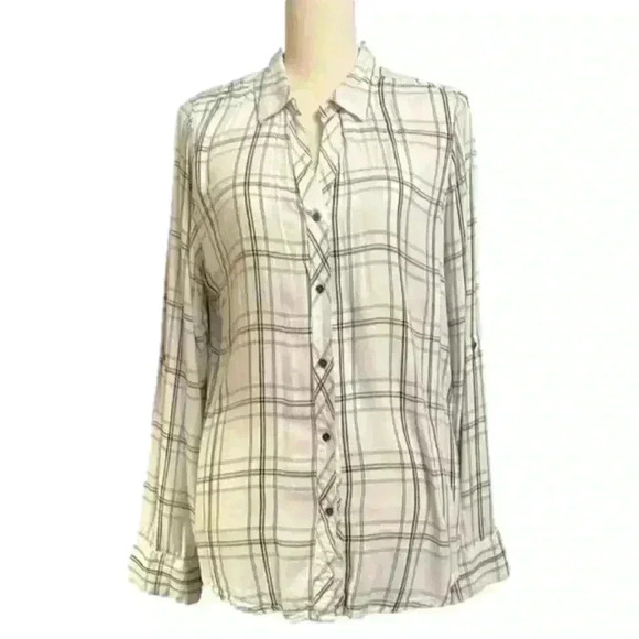 Tinsel White Black Plaid Button Down V Neck Size L Roll Tab - Picture 1 of 7